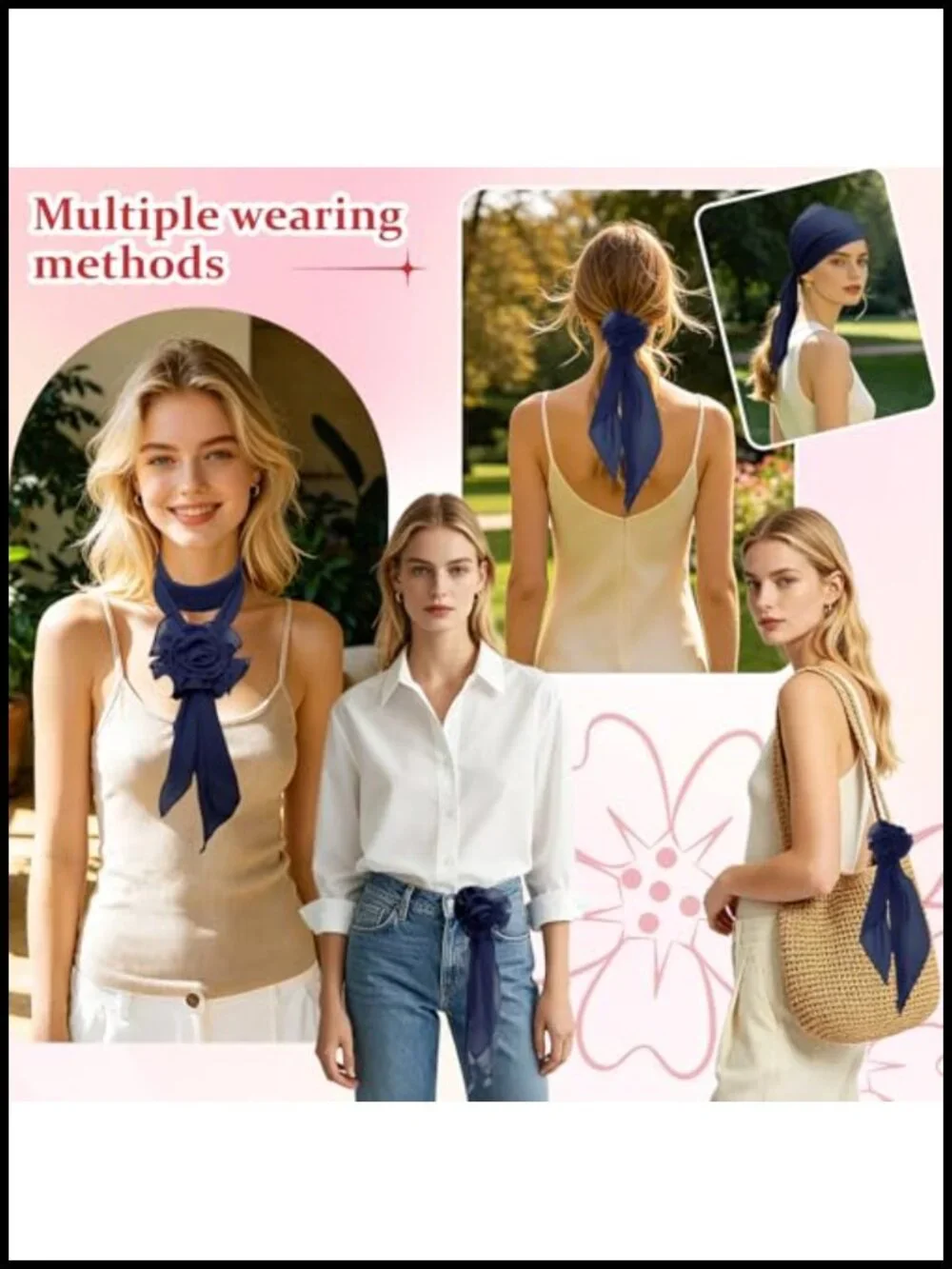 Floral Skinny Small Neck Scarf for Women with Detachable Rose Clip, Lightweight